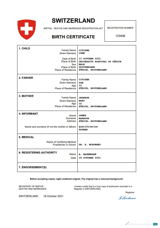Download Switzerland vital record birth certificate Word and PDF template Photoshop template